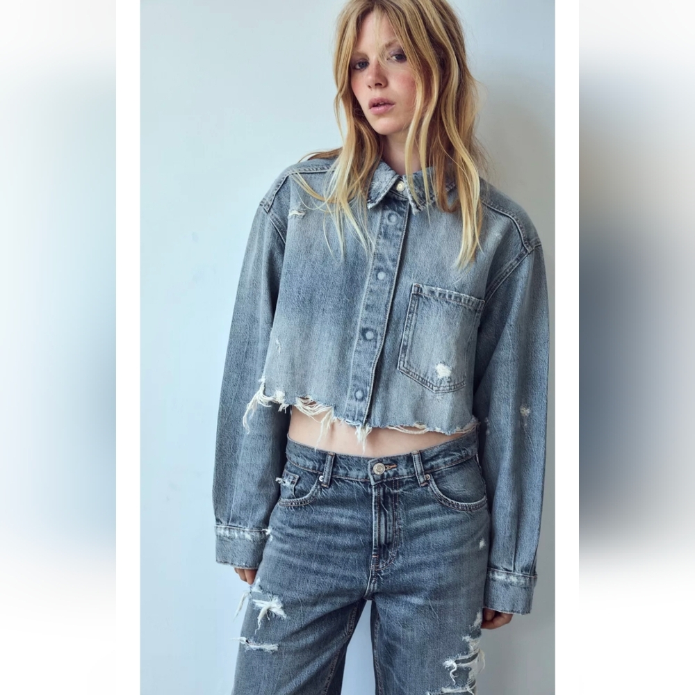 ZARA TRF CROPPED RIPPED DENIM OVERSHIRT